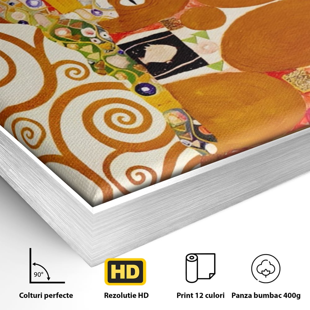 Detaliu al suprafetei: tablou canvas cu pictura in stilul lui klimt, in rama de aluminiu argintiu